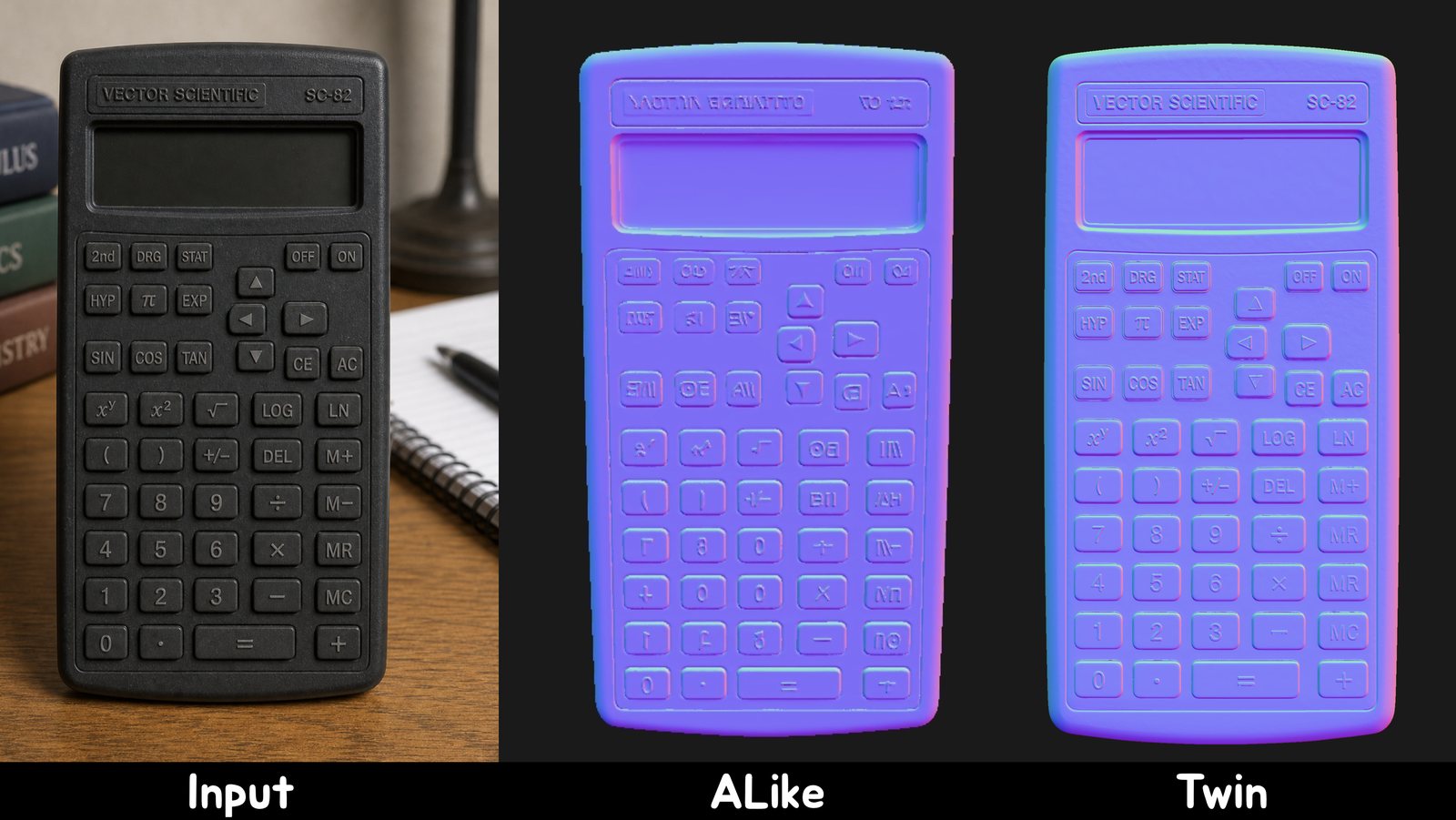 Input photo of a calculator next to a look-alike reconstruction and a geometric twin
