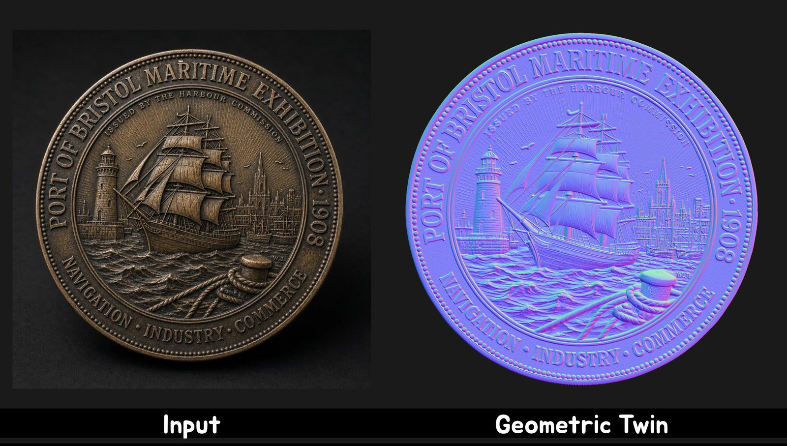 Commemorative medal input and its geometric twin